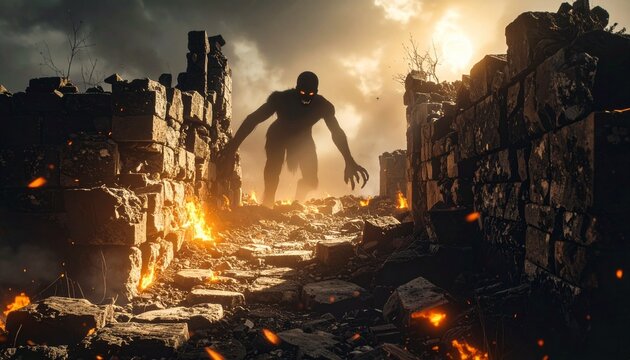 A colossal titan rises from the smoldering ruins of a devastated city, bathed in the ominous glow of a fiery apocalypse, signaling an era of overwhelming destruction and fear