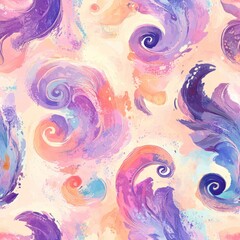 A colorful painting of waves and swirls with a pink and blue hue