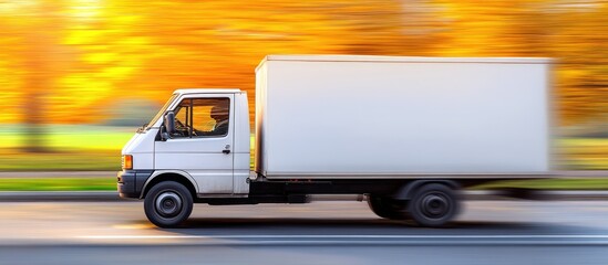 White Box Truck in Motion with Blurry Golden Autumn Foliage Background