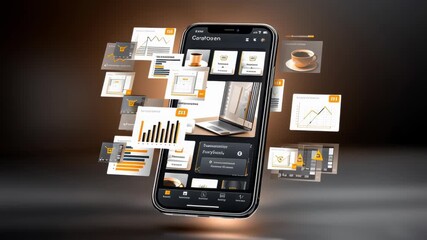 Modern smartphone UI animation with floating data charts and business icons. - Powered by Adobe
