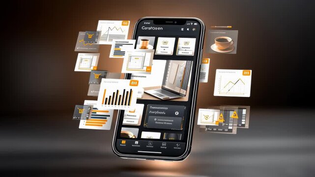 Modern smartphone UI animation with floating data charts and business icons.
