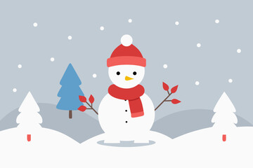 Cute snowman in a winter wonderland with snowing trees