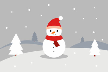 Cute snowman wearing a red hat and scarf in a snowy landscape