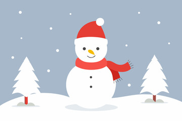 Cute snowman in a snowy winter landscape with christmas trees