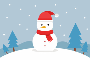 Cute snowman wearing a red hat and scarf in a snowy landscape
