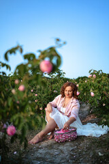 Romantic woman in light dress with curly hair sitting in blooming rose garden with picnic basket, enjoying summer nature outdoors, floral field lifestyle, relaxation and beauty in countryside scenery