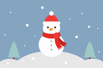 Cute snowman wearing a red hat and scarf in a snowy landscape