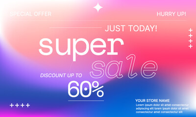 Fototapeta premium Colorful Gradient Super Sale Banner with Bold Typography and Discount Text – Modern Promotional Design for Limited Time Offers, Ecommerce Ads, Social Media Marketing, and Store Campaigns