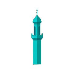 Vector art of a stylized turquoise minaret of a mosque, a tall, slender tower with a balcony and a pointed roof