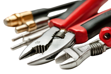 Close-up of Red and Silver Metal Hand Tools on Transparent Background