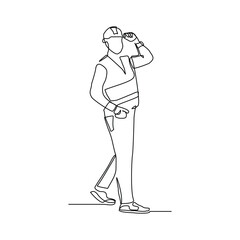 Continuous line building construction worker and engineering man. Single line drawing art vector illustration of architect or engineer mechanic. Editable stroke