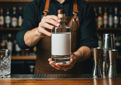 Bartender's hands holding a craft gin bottle mockup with a blank label in a stylish bar