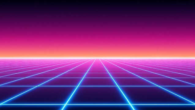 Retro Futuristic Grid Landscape Neon Pink Purple Blue