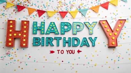 Happy birthday decoration with colorful confetti and party flags isolated on white background festive background with happy birthday letters and party decorations