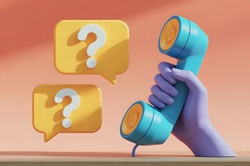 A stylized purple hand holding a retro turquoise telephone receiver with two yellow speech bubbles containing white question marks in the background