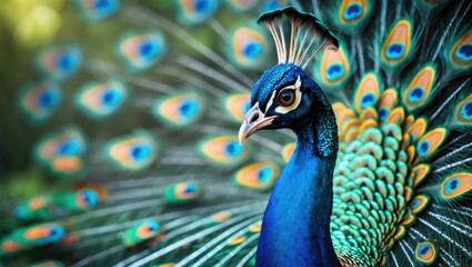 Fototapeta premium Peacock displaying vibrant feathers with eye-like patterns, showcasing its colorful plumage.