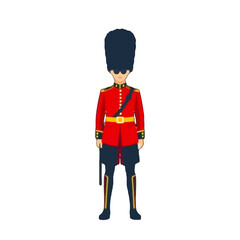 Vector art of a cartoon illustration of a british royal guard in a red uniform and tall black hat