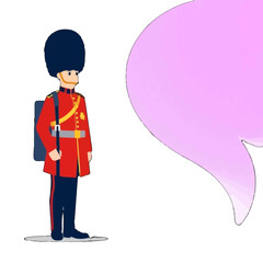 Vector art of a cartoon illustration of a british royal guard in a red uniform and tall black hat, standing next to a large pink speech bubble