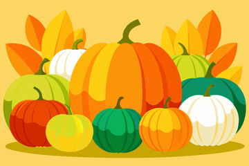 Colorful assortment of pumpkins and autumn leaves on a yellow background