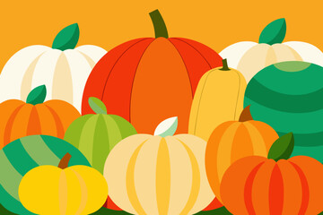 Colorful assortment of pumpkins and gourds on orange background