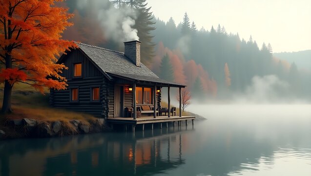 Cozy log cabin by a misty lake in autumn