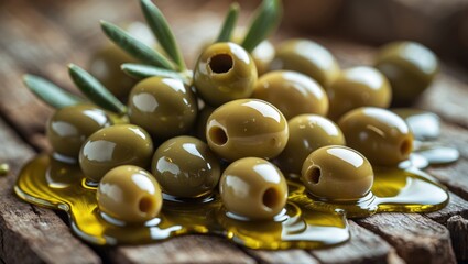 Cluster of green olives with pits in olive oil on a rustic wooden surface.
