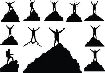 Man on mountain peak silhouette, success achievement, hiking climbing, winner celebration, outdoor adventure, strong determination, freedom concept, leadership motivation illustration