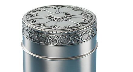 An ornate silver container whispers tales of bygone eras with its intricate floral design against a deep black backdrop