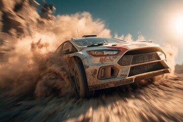 Fototapeta premium Race car kicks up dust while speeding across a dirt track under a bright sun