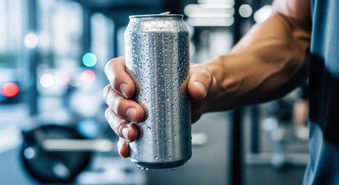 Man's hands holding a cold energy drink can mockup with a blank label for a beverage brand