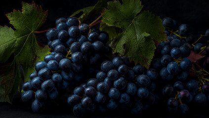 Fototapeta premium Dark ripe grapes with green leaves on a black background