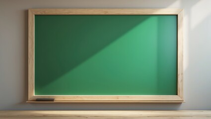 Empty green chalkboard with wooden frame on a white wall. Classroom or educational setting. The concept of teaching and learning tools.