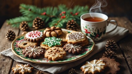 Assorted Christmas cookies with pine cones and a steaming cup of tea on a festive plate. Seasonal celebration and holiday treats. Holiday baking and winter festivities.