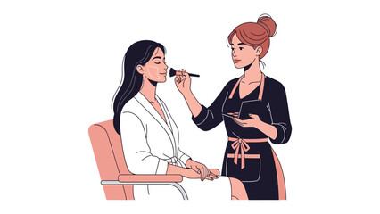 Professional makeup artist applying blush to a client s cheek with a brush in a beauty salon setting