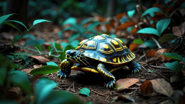 A turtle with a patterned shell moving through soil and leaves in a lush, green environment.