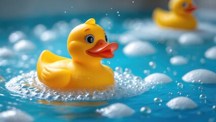 Yellow rubber duck swimming in water with bubbles, playful and fun.