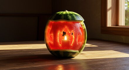 Watermelon carved and sliced to resemble a lantern, placed on a wooden table under natural daylight.