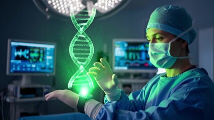 Professional surgeon in a futuristic operating room analyzing a holographic DNA helix, symbolizing advances in genetic engineering and medicine - Powered by Adobe