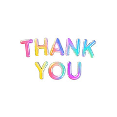 Vector art of colorful holographic thank you text balloons, conveying gratitude and appreciation with a vibrant, playful aesthetic