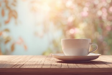 Fototapeta premium White coffee cup on wooden table with warm sunlight and blurred garden