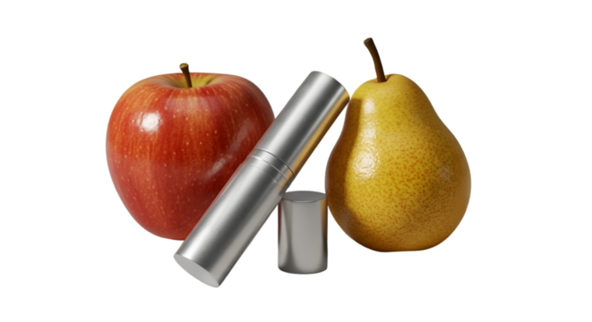 A tempting red apple and a golden pear share a moment beside a sleek silver cylinder and its lid on a stark black