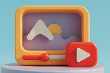 Charming 3d illustration of a retro television set displaying a simple mountain landscape with a sun and a prominent red play button icon symbolizing video content and entertainment