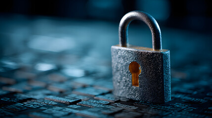 digital padlock on abstract cyber security technolog blue background with binay code