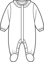 Baby romper onesie vector illustration, infant clothing flat CAD drawing, cute newborn outfit design, children’s wear template, garment sketch