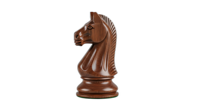 Wooden knight chess piece isolated on transparent background, a strategy game