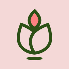 Minimalist tulip flower logo design, combining modern simplicity with natural elegance. The icon features a soft pink petal embraced by green leaf outlines, symbolizing growth, beauty
