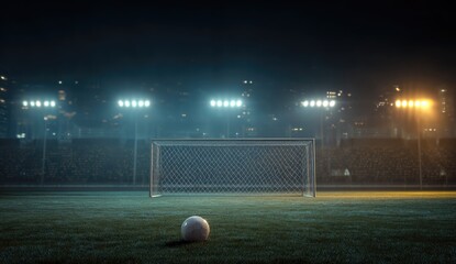 Night soccer field, ball before goal, stadium lights illuminate hazy scene, empty stands