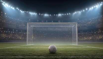 Night soccer game; a ball sits before an empty goal in a brightly lit stadium, surrounded by a blurred crowd