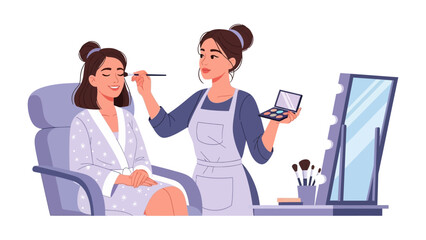 Professional makeup artist applying cosmetics to a client in a salon setting with mirror