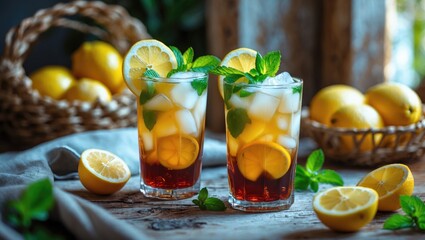 Two glasses of lemonade with lemon slices and mint leaves, surrounded by whole and halved lemons on a rustic wooden surface.